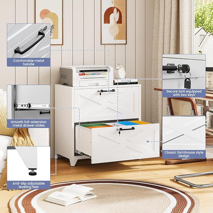 Farmhouse File Cabinet with Lock, Lateral File Cabinet with 2 Large Drawer for Letter/Legal/A4 Hanging Files,File Storage Cabinets Printer Stand for Home Office School, White