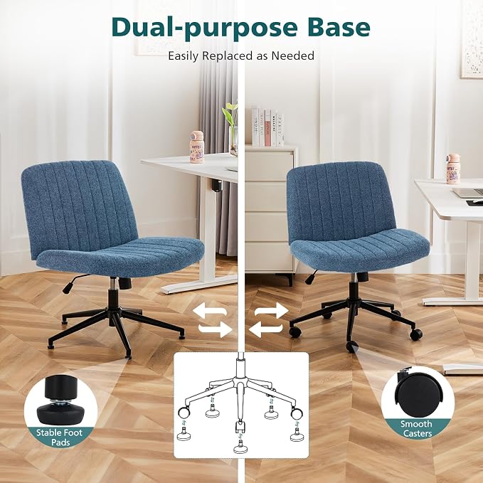 OLIXIS Criss Cross Chair with Wheels Wide Cross Legged Office Desk Vanity Chair Comfy Fabric Armless Height Adjustable Swivel for Home Computer Task Blue