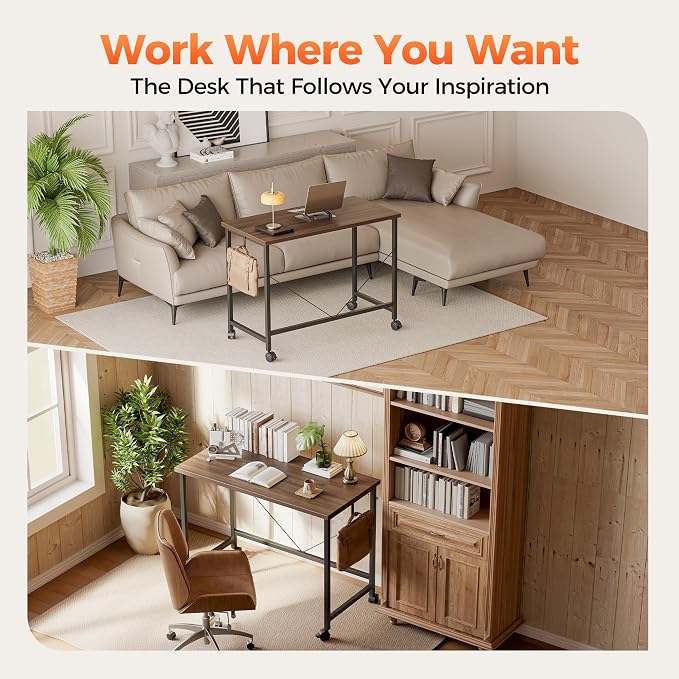 Mericonia 48 inch Rolling Computer Desk with Wheels, Gaming Desk for Small Spaces, Modern Simple Style Table for Home Office, Study Writing Table