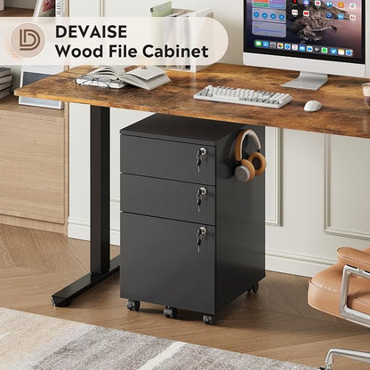 DEVAISE 3 Drawer File Cabinet with Individual Locks, Wood Filing Cabinet for Home Office, Mobile Printer Stand with Wheels, Under Desk Storage for Letter/A4/Legal Size, Black