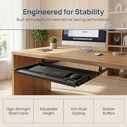 jojofuny Under Desk Keyboard Tray with Pen Organizer, Screw-Mounted Slide-Out Organizer Drawer, 20x10 inches Space-Saving Under Desk Shelf for Mouse, Pens & Office Supplies