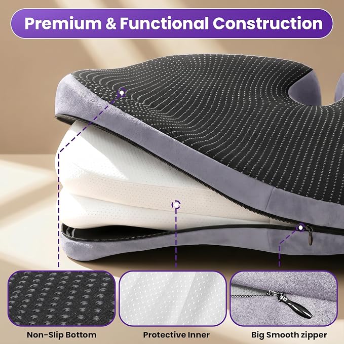 ZZ-WELL Seat Cushions for Office Chairs, Coccyx Cushion for Tailbone Pain, Memory Foam Butt Pillows for Long Sitting, Patented Pressure Relief Design, Extra Large & Thick, 21.2 Inches (Light Grey)