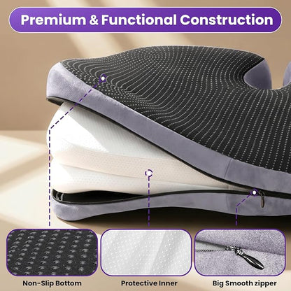 ZZ-WELL Seat Cushions for Office Chairs, Coccyx Cushion for Tailbone Pain, Memory Foam Butt Pillows for Long Sitting, Patented Pressure Relief Design, Extra Large & Thick, 21.2 Inches (Light Grey)