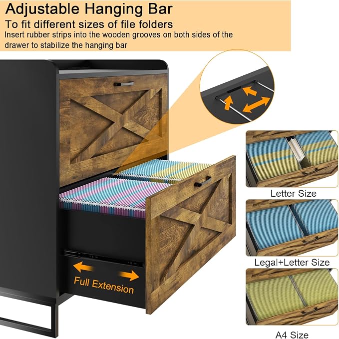Halitaa Lateral File Cabinet with Charging Station, 2 Drawer File Cabinet for Letter/Legal/A4 Size Hanging Files, Large Wood File Storage Cabinets, Rustic Brown and Black