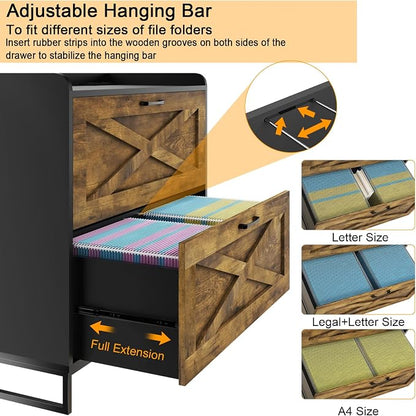 2 Drawer Lateral File Cabinet, Filing Cabinet with Charging Station for Letter/Legal/A4 Size Hanging Files, Modern Farmhouse File Cabinet for Home Office, Printer Stand with Storage, Brown and Black