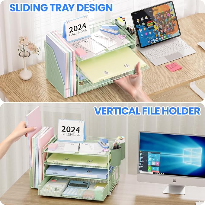OPNICE Desk Organizer, 4-Tier Desktop File Organizer with Drawer and 2 Pen Holders, Office Desk Accessories, File Sorters, Workspace Organizers for Office Supplies(Green)