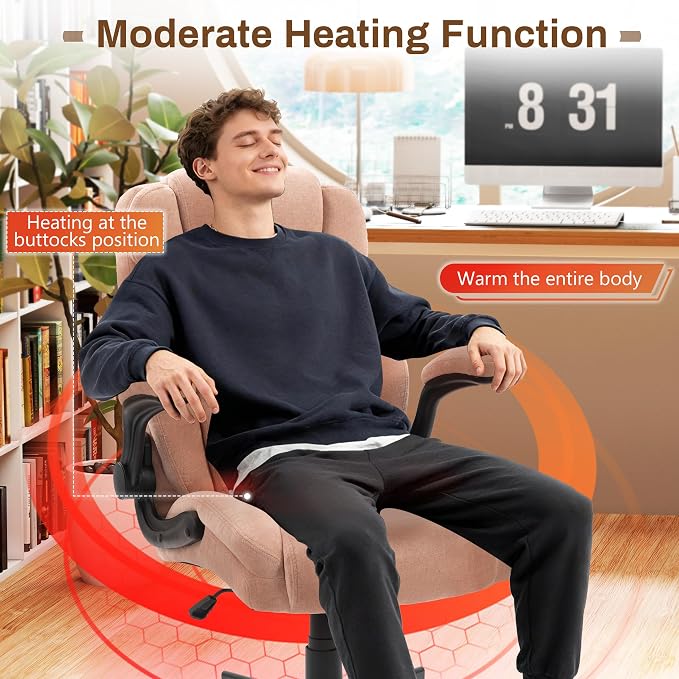 Massage Office Chair,500LBS Ergonomic Rocking Executive Desk Chairs with 4 Points Vibration&Heat,Padded Flipup Armrests for Big and Tall Office Chair,Swivel Computer Chair Fabric Pink