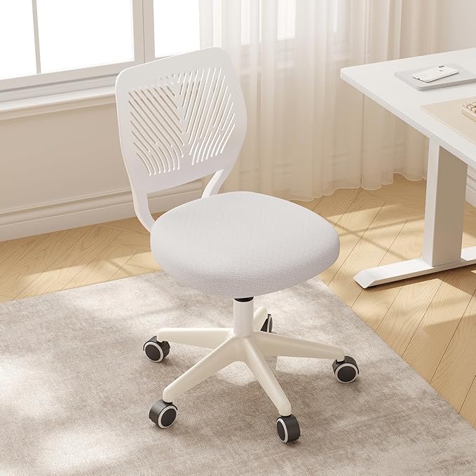 JPBSTO Armless Desk Chair, Height Adjustable Swivel Office Rolling Task Chairs with Soft Mesh Padded Cushion, Ergonomic Small Study Computer Chair for Girls Boys Teens (White, 2PCS)