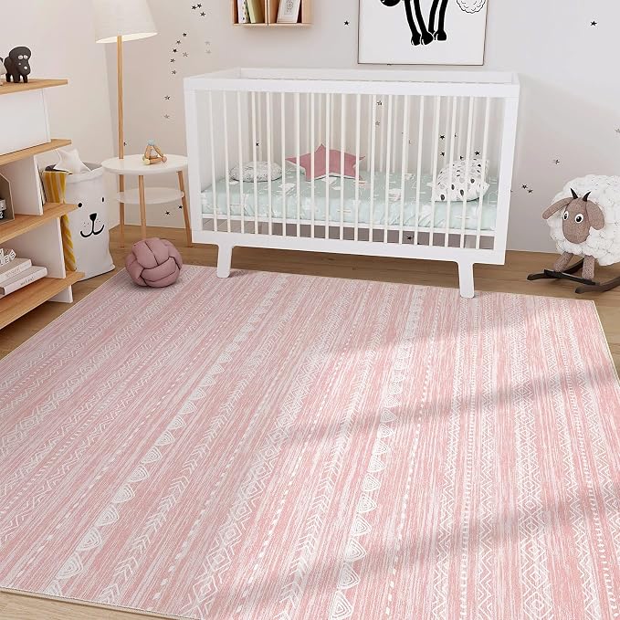 Nakagishi Pink Rugs for Bedroom Girls: 4x6 Washable Boho Large Neutral Area Rug Cute Soft Modern Indoor Floor Non Slip Accent Carpet for Living Room Nursery Kids Playroom Dorm Preppy Baby Room Decor