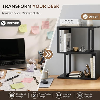 Desk Shelf Organizer, Small Desktop Bookshelf, Dorm Desk Hutch Wood, 3-Tier Desktop Organizer Shelf Storage Unit for Office, Home, Black