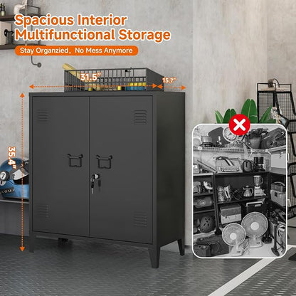 Metal Storage Cabinet 35.4”H Locking Storage Cabinet (Black) | With 2 Adjustable Shelves and Doors, Small Storage Cabinet for Home School Office Garage