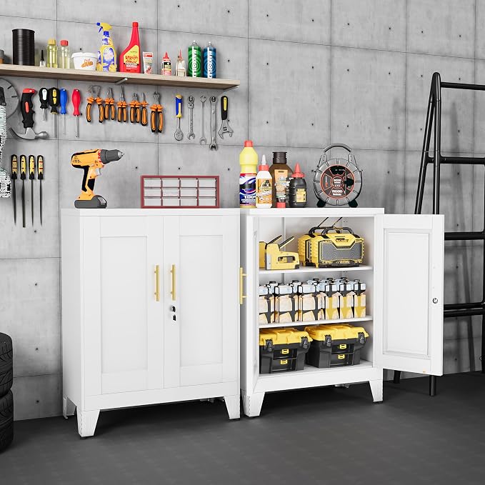 GAIOUS 36" Metal Floor Storage Cabinet, Locked Steel Storage Cabinets with 2 Doors and 2 Adjustable Shelves, White Kitchen Cabinet, Freestanding Cabinet for Home/Office/Garage/Tool Room/Bathroom