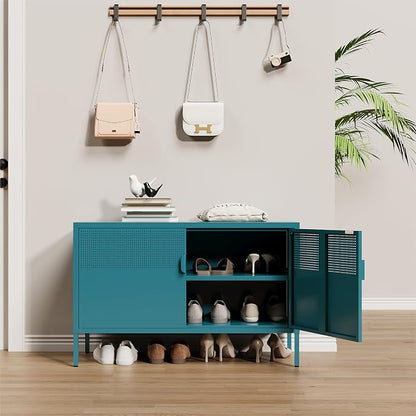 Metal Storage Cabinet,2 Door TV Stand, Metal Mesh Accent Cabinet,Magnetic Door Closure,Low Storage Cabinets with Doors and Shelves