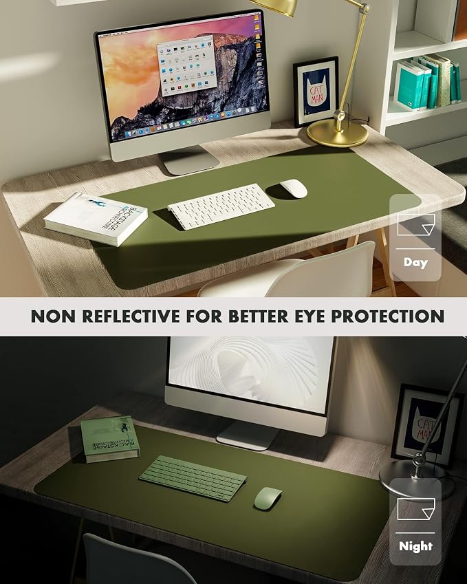YSAGi Double-Sided Desk Pad, 31.5"x15.7"Leather Desk Mat, Eco Cork Desk Pad Protector,Large Mouse Pad,Waterproof Desk Blotter for Office/Home(Olive Green)