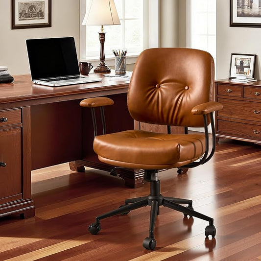 Leather Home Office Chair, Mid Back Ergonomic Desk Chair with Lumbar Support, Mid Century Modern Deep Seat Swivel Rocking Computer Chair, Brown