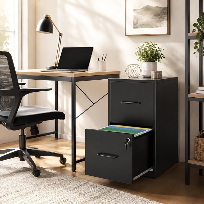 SAWJEC 2 Drawer File Cabinet with Lock, Small Metal Filing Cabinet for Home Office, Vertical Locking File Cabinet with Letter Size Hanging Files, Black, 25.6" H x 15.0" W x 17.7" D
