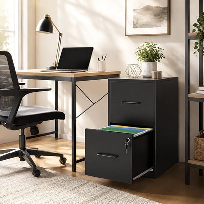 SAWJEC 2 Drawer File Cabinet with Lock, Small Metal Filing Cabinet for Home Office, Vertical Locking File Cabinet with Letter Size Hanging Files, Black, 25.6" H x 15.0" W x 17.7" D