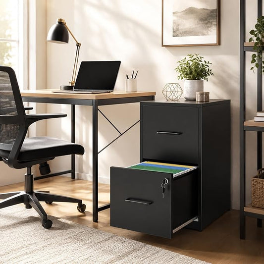 SAWJEC 2 Drawer File Cabinet with Lock, Small Metal Filing Cabinet for Home Office, Vertical Locking File Cabinet with Letter Size Hanging Files, Black, 25.6" H x 15.0" W x 17.7" D