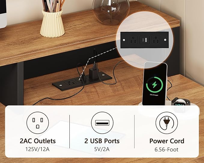 YOMILUVE Farmhouse 63" L Shaped Desk with Drawers and Storage Shelf, Home Office Desk with Power Outlets, Storage Cabinet, Corner Computer Desk with Long Monitor Stand, Brown and Black