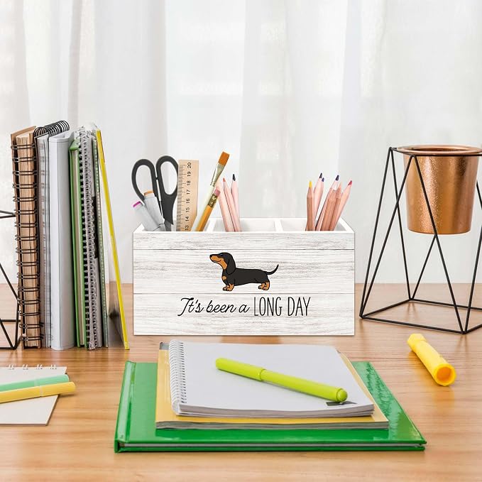 Dachshund Gifts Dog Pen Holder for Desk, Funny Dachshund Pencil Organizer, Gifts for DachshundLovers Owners, It's Been A Long Day Wooden Pen Holder Desk Accessories Decor for Home Office