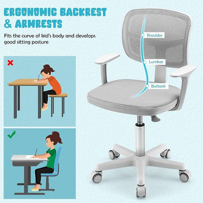 Kids Desk Chair, Height Adjustable Children Study Chair w/Lumbar Support, Swivel Mesh Seat, Universal Casters, Ergonomic Kids Task Chair for Boys Girls Aged 3-10, Home, School, Office(Grey)