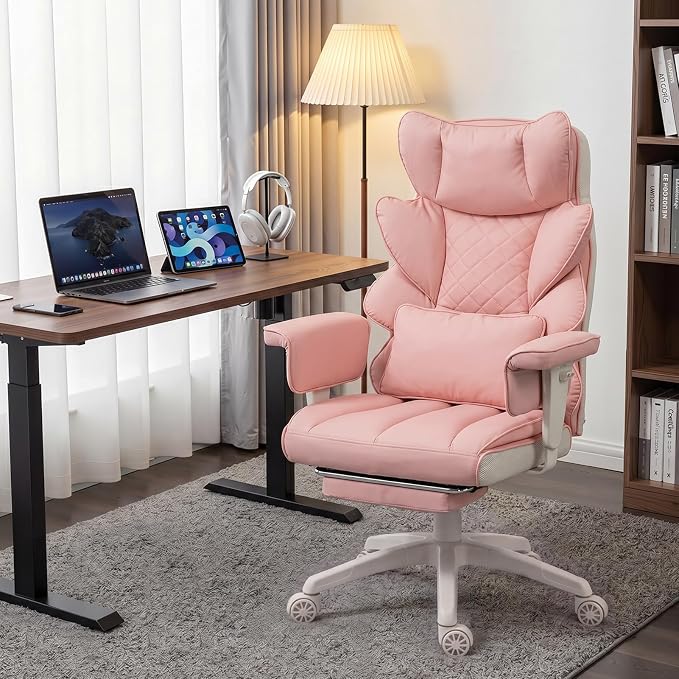 Dowinx Big and Tall Office Chair with Pocket Springs Cushion,High Back Computer Gaming Chairs with Adjustable Armrests,Executive Desk Chairs with Lumbar Support and Footrest,PU Leather-Pink