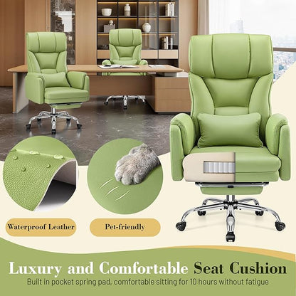 Big and Tall Office Chair, 400LBS Wide Leather Gaming Chair with Footrest, High Back Executive Chair, Reversible Armrest for Pets, 135° Reclining Cross Legged Chair with Lumbar Support(Avocado Green)