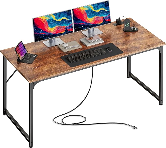 PRAISUN 54 X 24 Inch Computer Desk with Power Outlets & USB-C Port,Larger and Longer Office Desk with Deeper Desktop, Study, Bedroom, Writing Work from Home Table, Metal Frame, Rustic Brown