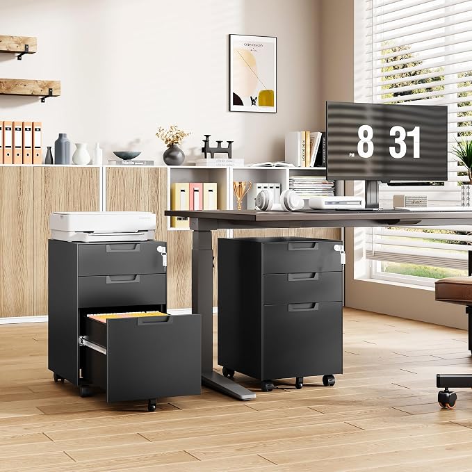 3-Drawer File Cabinet with Lock, Under Desk Rolling Filing Cabinet for Legal/Letter/A4 File Folder, Printer Stand, Metal Storage Cabinet on Wheels for Home Office(Fully Assembled，Black)