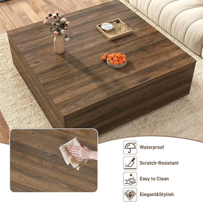 47 Inch Large Square Coffee Table with Storage,Modern Wooden Coffee Tables with 2 Drawers Storage for Living Room,Mid Century Tea Table/Aesthetic Coffee Table Center Table for Home Office(Walnut)