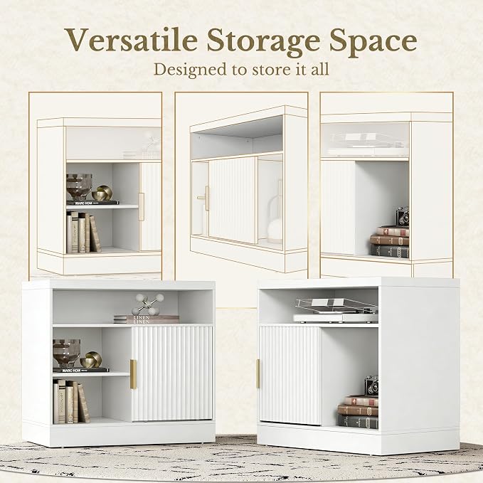 Fluted File Cabinet with Door, 32'' Lateral File Cabinet with Open Adjustable Shelves, Wood Filing Cabinet with Sliding Door for Home Office, White