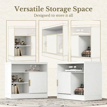 Fluted File Cabinet with Door, 32'' Lateral File Cabinet with Open Adjustable Shelves, Wood Filing Cabinet with Sliding Door for Home Office, White