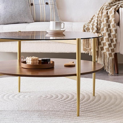 LumFurn Round Coffee Table, Mid-Century Modern Design, D30 x H17, for Living Room, 2-Tier Structure, Amber Glass Top and Walnut MDF Shelf, Sleek Conical Metal Legs with Gold Finish