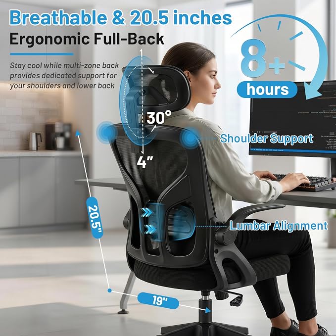 Office Chair Ergonomic Desk Chair with Adjustable Headrest Lumbar Support, High Back Breathable Mesh Chair with 120° Tilt & Flip-Up Armrests, Swivel Comfy Task Computer Chair for Work, Study