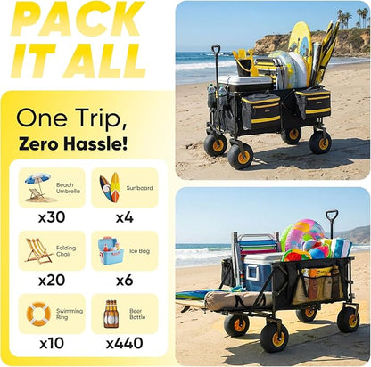 Sekey Heavy Duty Beach Wagon with 9" Big Sand-Proof Wheels, 300L Oversized Foldable Beach Cart with Cooler| Adjustable Handle & Balloon Tires for Sand, Camping,Vacation
