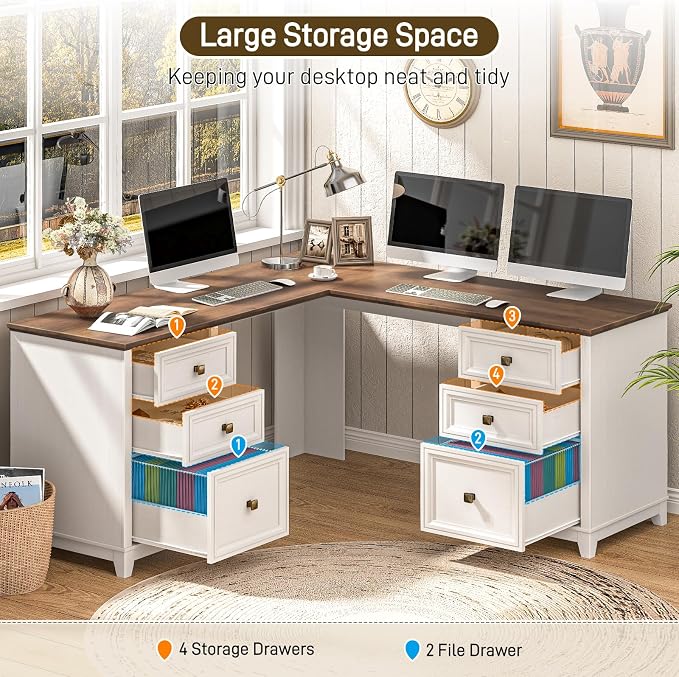 Vabches Farmhouse L Shaped Executive Desk with 6 Drawers, 59’’ Wood Home Office Desk with File Cabinet, Writing Corner Computer Desk for Home Office, Work, Study, White and Brown