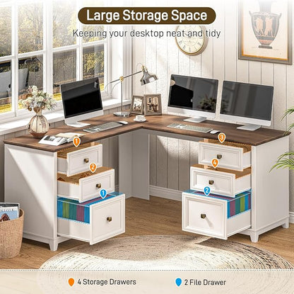 Vabches Farmhouse L Shaped Executive Desk with 6 Drawers, 59’’ Wood Home Office Desk with File Cabinet, Writing Corner Computer Desk for Home Office, Work, Study, White and Brown