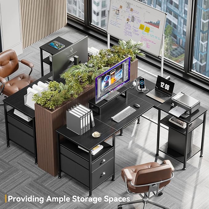 Furologee 50 Inch L Shaped Gaming Desk with Power Outlet, Corner Computer Desk for Home Office, Reversible Work Study Table with File Drawer, Monitor Stand, Storage Shelves, Black