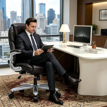 ZLHECTO® Big and Tall Executive Office Chair, PU Leather Swivel Desk Chair with Flip-up Arms, Adjustable Lumbar Support, Space-Saving Height Adjustable Rolling Computer Chair for Home & Office Use