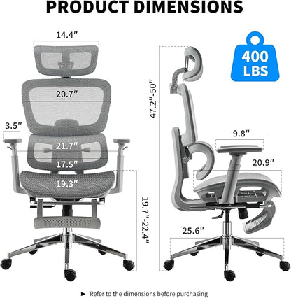 Mesh Ergonomic Office Chair with Footrest, Grey | High Back, Lumbar Support, Adjustable Headrest and Armrests, Gaming Chair,Home Office Desk Chair