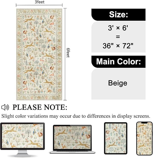 DUKINO 3x6 Washable Runner Rug, Low Pile Animal Print Non Slip Runner Rug for Kitchen, Lightweight & Non Shedding Indoor Carpet for Hallway, Kitchen, Entryway, Bathroom, Laundry, Beige