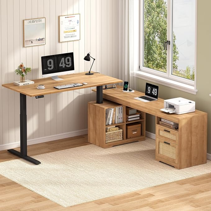 Farmhouse L Shaped Standing Desk, 66 inch Rattan Corner Electric Standing Desk with Drawers ＆ Storage Shelves, Height Adjustable Computer Desk with Power Outlets for Home Office (Natural Oak)