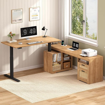 Farmhouse L Shaped Standing Desk, 66 inch Rattan Corner Electric Standing Desk with Drawers ＆ Storage Shelves, Height Adjustable Computer Desk with Power Outlets for Home Office (Natural Oak)