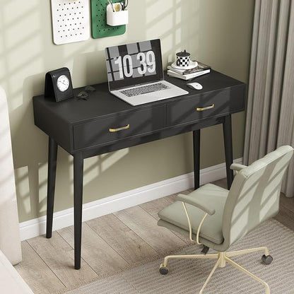 FUNKOCO Small Black Desk with Drawers - 40 Inch Home Office Study Writing Desk for Bedroom, Vanity Desk with 4 Solid Legs, Modern Computer Desk for Small Spaces (Balck)