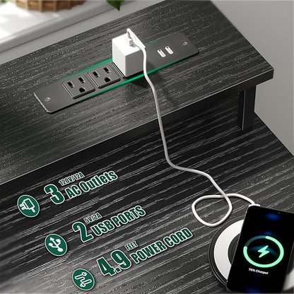 Korfile 55 Inch Computer Gaming Desk with Power Outlets LED Lights Reversible Home Office with Adjustable Fabric Storage Drawers for Working Writing Study, Black