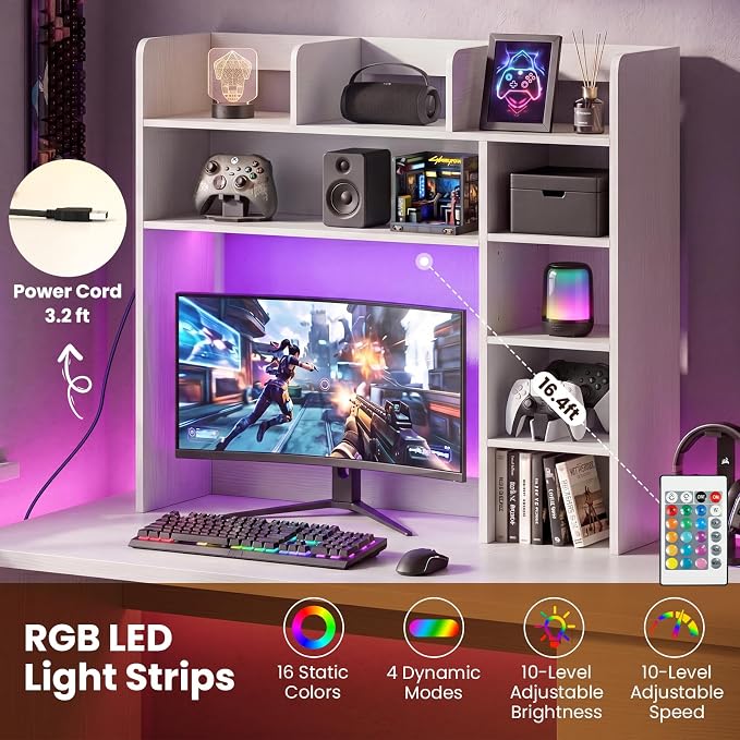 LDAILY Desktop Bookshelf with LED Lights, 35.5’’ Wooden Desk Shelf with 8 Cubes & 3 Adjustable Storage Shelves, 5-Tier Desk Hutch for Dorm College Office Computer Monitor Up to 25’’(White)