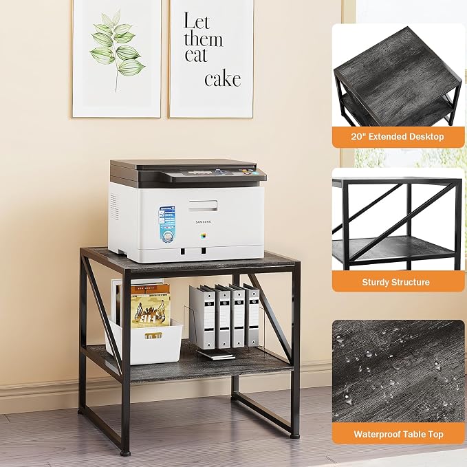 2-Tier Large Priner Stand with Storage Shelf, 20"×20" Under Desk Printer Table for Home Office, Mini Fridge Stand, End Table for Living Room, Heavy Duty Storage Rack for Scanner Fax Machine, Grey Oak