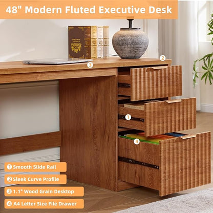 LEYAOYAO Office Desk 48" with 3 Drawers Storage File Cabinet Wood Fluted Desk for Computer Office Bedroom Home Furniture Tea Brown