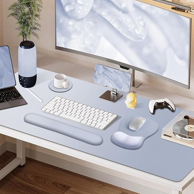 4-in-1 Large Gaming Mouse Pad, Keyboard Wrist Rest Pad & Wrist Support Mousepad Set, Extended Desk Pad Waterproof Desk Mat Protector for Home Office Decor Study Game 35.4×15.7 Inches I Gradient Gray