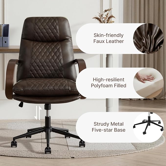 KISLOT Home Office Desk Chair, Ergonomic Office Chair with Lumbar Support, Adjustable Swivel Computer Chair with Wheels, Faux Leather Executive Task Chair with Wood Arms, Set of 2, Espresso